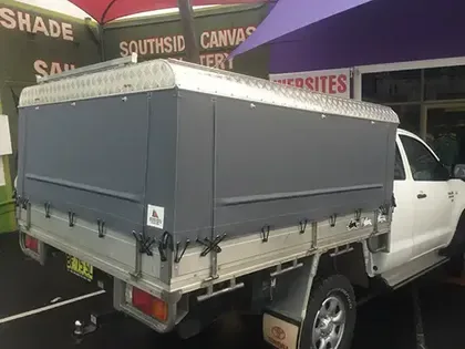 Custom black canvas ute canopy side view